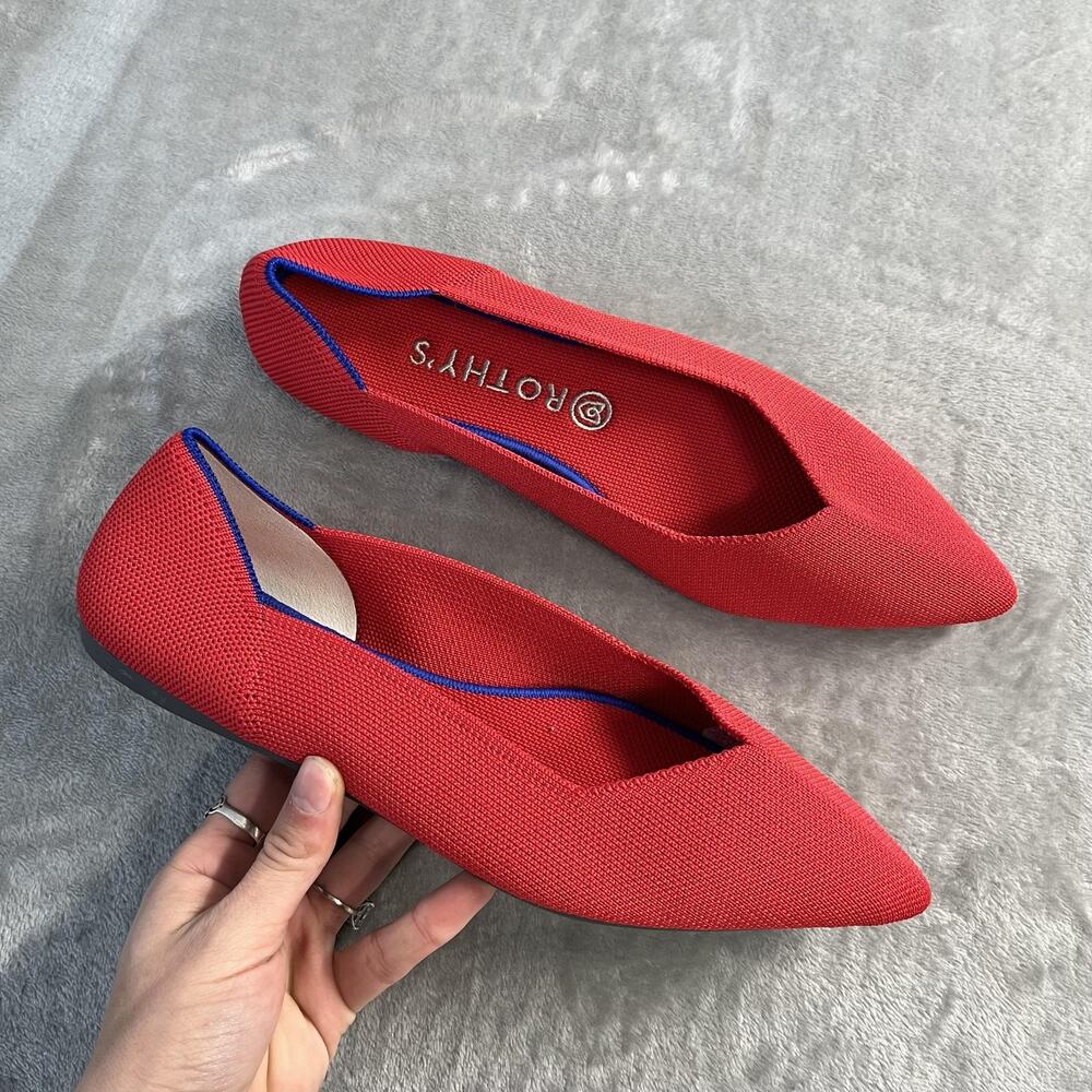 Rothy's Red Pointed Flats with Blue Trim